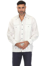 Load image into Gallery viewer, Mojito Men's 100% Linen Guayabera Chacabana Shirt Long Sleeve with Print Trim Accent | M-5400-White-Navy