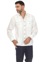 Load image into Gallery viewer, Mojito Men's 100% Linen Guayabera Chacabana Shirt Long Sleeve with Print Trim Accent | M-5400-White-Navy