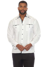 Load image into Gallery viewer, Mojito Men's 100% Linen Guayabera Chacabana Shirt Long Sleeve with Print Trim Accent | M-5407-White-Navy