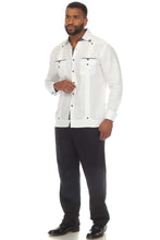Load image into Gallery viewer, Mojito Men's 100% Linen Guayabera Chacabana Shirt Long Sleeve with Print Trim Accent | M-5407-White-Navy