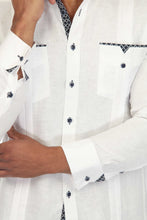 Load image into Gallery viewer, Mojito Men's 100% Linen Guayabera Chacabana Shirt Long Sleeve with Print Trim Accent | M-5407-White-Navy