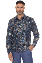 Load image into Gallery viewer, Mojito Men's Stylish Novelty Metallic Print Poly Stretch Party Shirt Long Sleeve | MS-8812-Blue-Gold