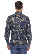 Load image into Gallery viewer, Mojito Men's Stylish Novelty Metallic Print Poly Stretch Party Shirt Long Sleeve | MS-8812-Blue-Gold