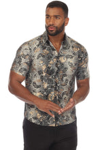 Load image into Gallery viewer, Mojito Men's Stylish Novelty Metallic Print Poly Stretch Party Shirt Short Sleeve | MS-8815-Gray-Gold