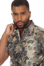 Load image into Gallery viewer, Mojito Men's Stylish Novelty Metallic Print Poly Stretch Party Shirt Short Sleeve | MS-8815-Gray-Gold