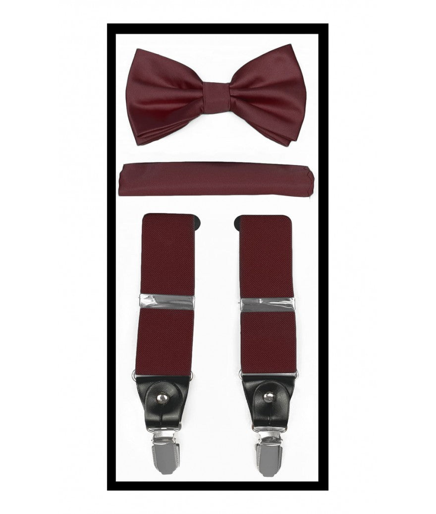 wine red bow tie and suspenders