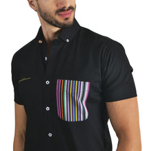 Load image into Gallery viewer, Men's Solid Short Sleeve Button Down Shirt Black Pink & Yellow | Porto Blanco MC-1421