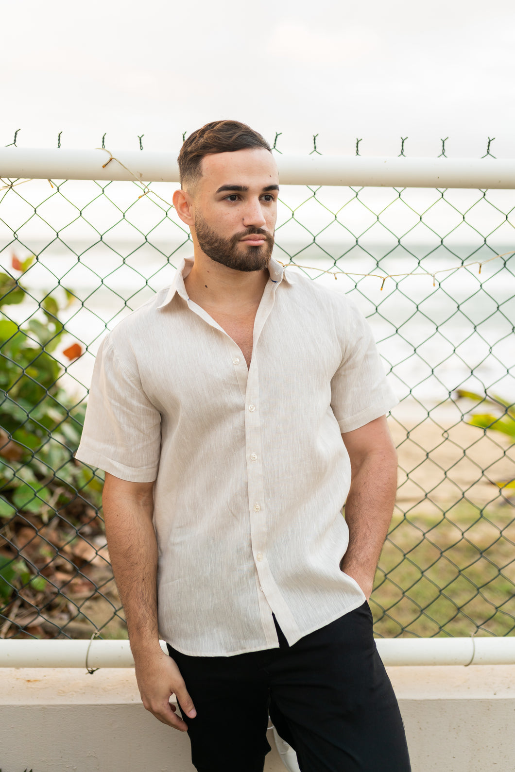 Men's Yarn Dye 100% Linen Solid Guayabera Shirt Short Sleeve | M-2528-RX Natural