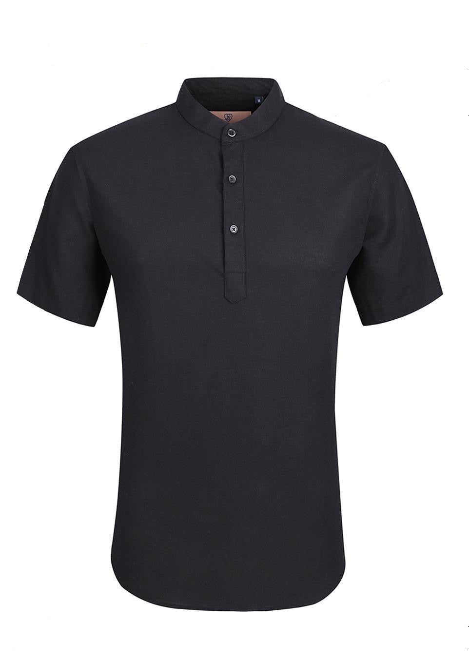 Short Sleeve 3 Button Black Linen Shirt | SC806-Black