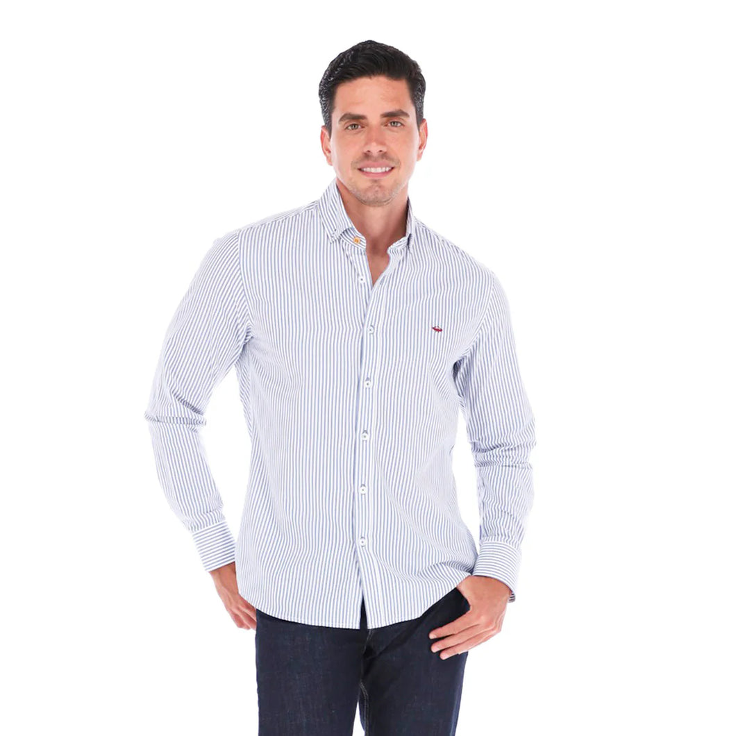 Camisa Porto Blanco Casual Para Caballero Manga Larga Rayas Color Azul | C-2119