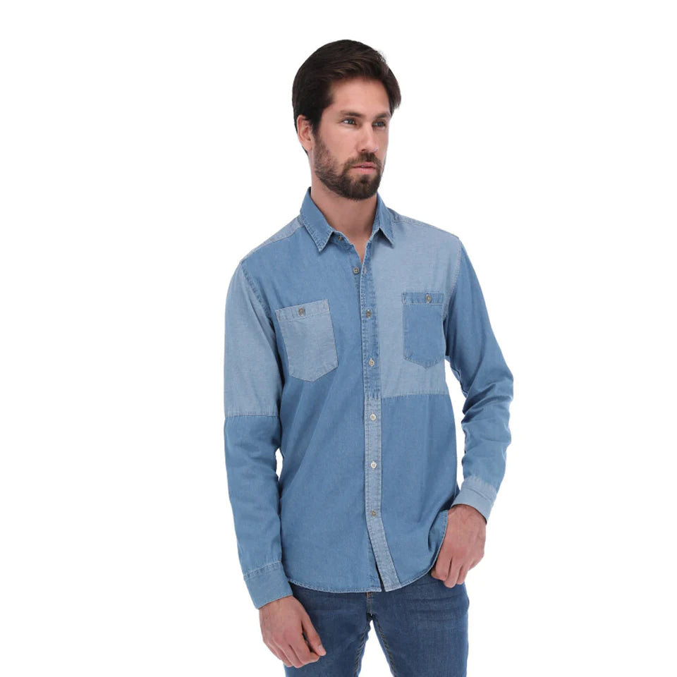 Camisa Porto Blanco Denim Parches Caballero Manga Larga | DNC-1988
