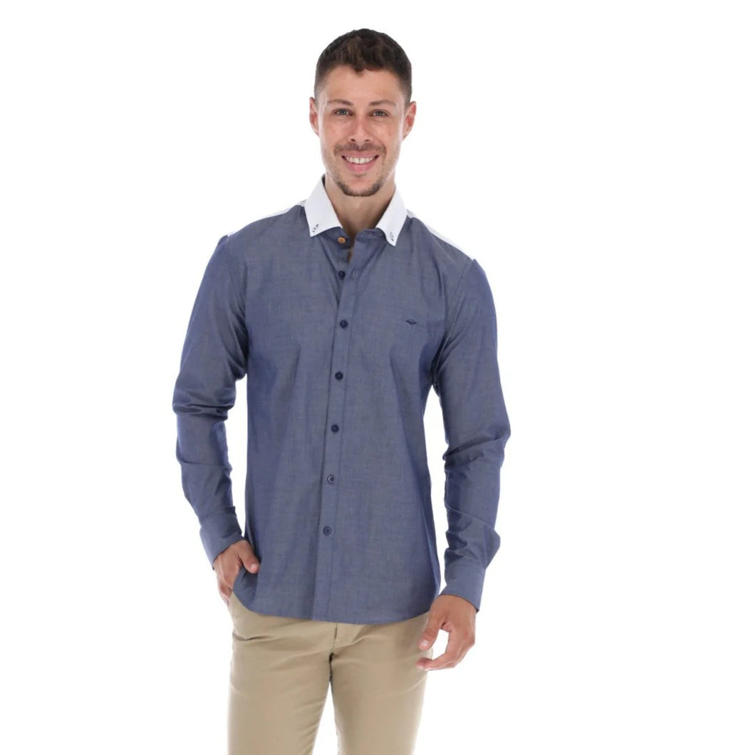 Camisa de Vestir Manga Larga Lisa Azul Con Detalle en el Cuello y Codos | E-2102