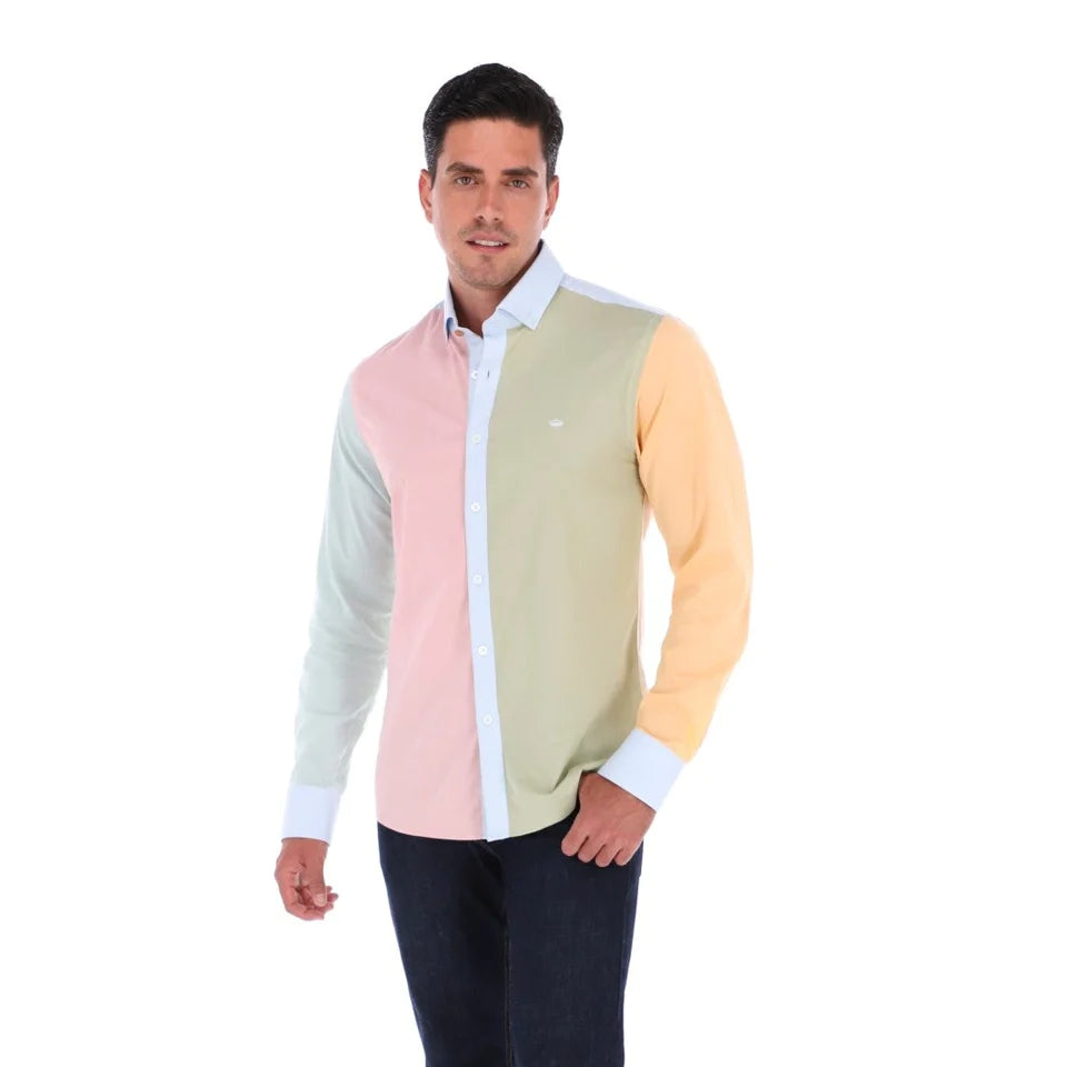 Camisa de Vestir Caballero Bloques Colores Pastel | Porto Blanco E-2146