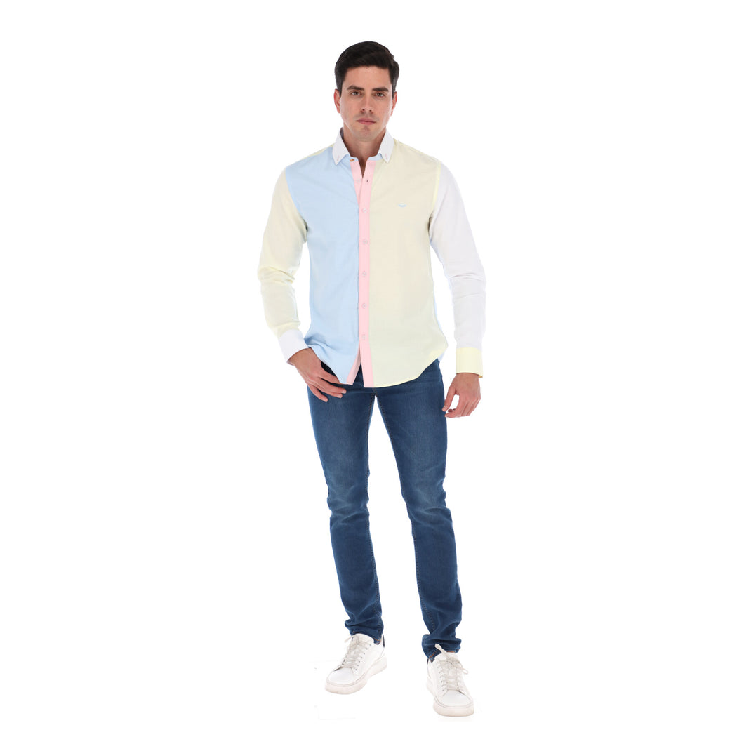 Men's Patchwork Long Sleeve Button Down Shirt Blue Pink & Yellow