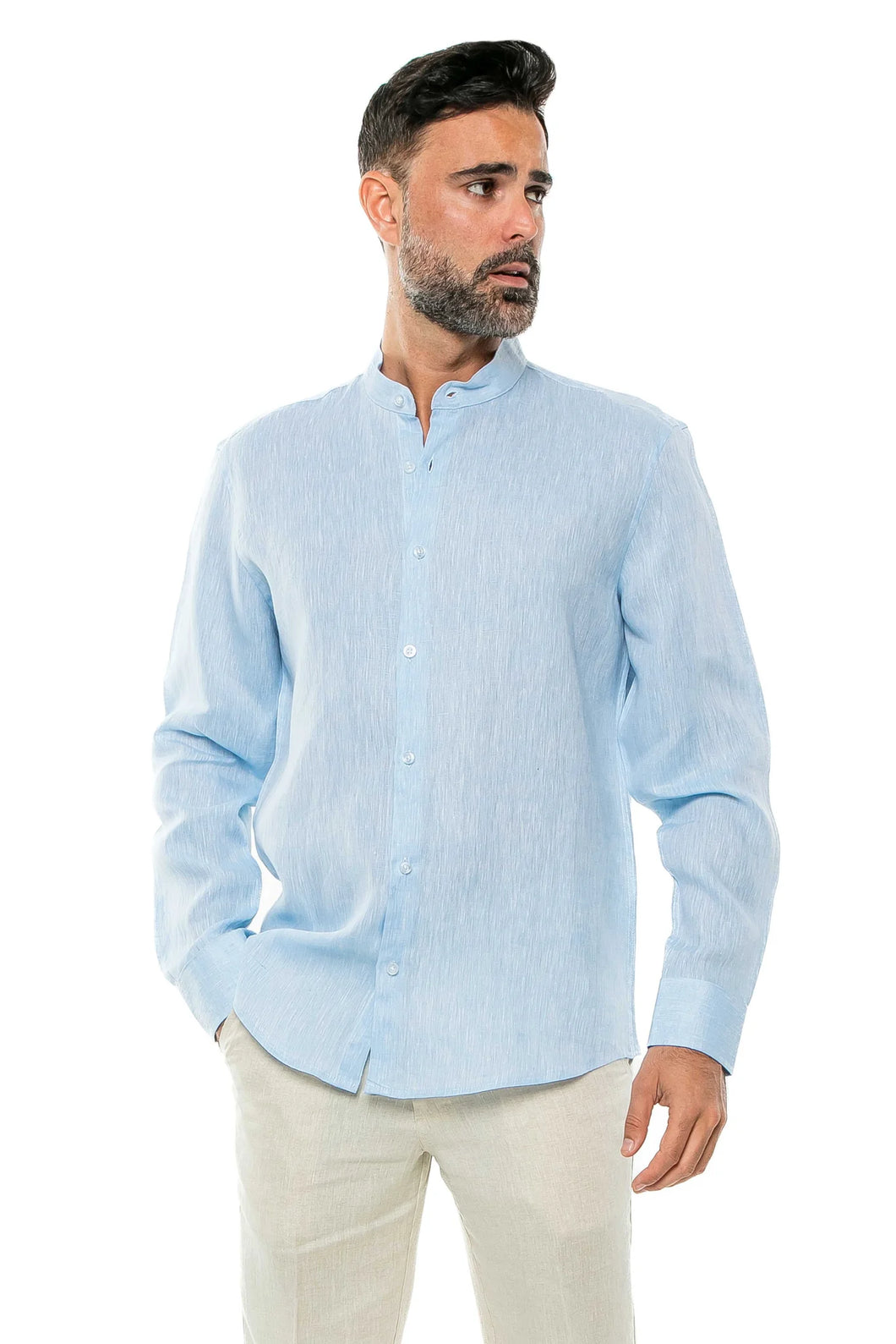 100% Linen Yarn Dye Mens Mandarin Collar Shirt Long Sleeve / M-2527RX-Blue