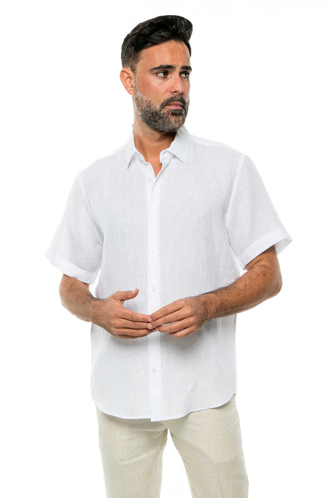Men's Yarn Dye 100% Linen Solid Guayabera Shirt Short Sleeve | M-2528-RX White