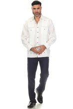 Load image into Gallery viewer, Mojito Men&#39;s 100% Linen Guayabera Chacabana Shirt Long Sleeve with Print Trim Accent | M-5400-White-Navy
