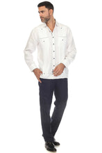 Load image into Gallery viewer, Mojito Men&#39;s 100% Linen Guayabera Chacabana Shirt Long Sleeve with Print Trim Accent | M-5400-White-Navy
