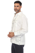 Load image into Gallery viewer, Mojito Men&#39;s 100% Linen Guayabera Chacabana Shirt Long Sleeve with Print Trim Accent | M-5400-White-Navy
