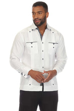 Load image into Gallery viewer, Mojito Men&#39;s 100% Linen Guayabera Chacabana Shirt Long Sleeve with Print Trim Accent | M-5407-White-Navy
