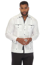 Load image into Gallery viewer, Mojito Men&#39;s 100% Linen Guayabera Chacabana Shirt Long Sleeve with Print Trim Accent | M-5407-White-Navy
