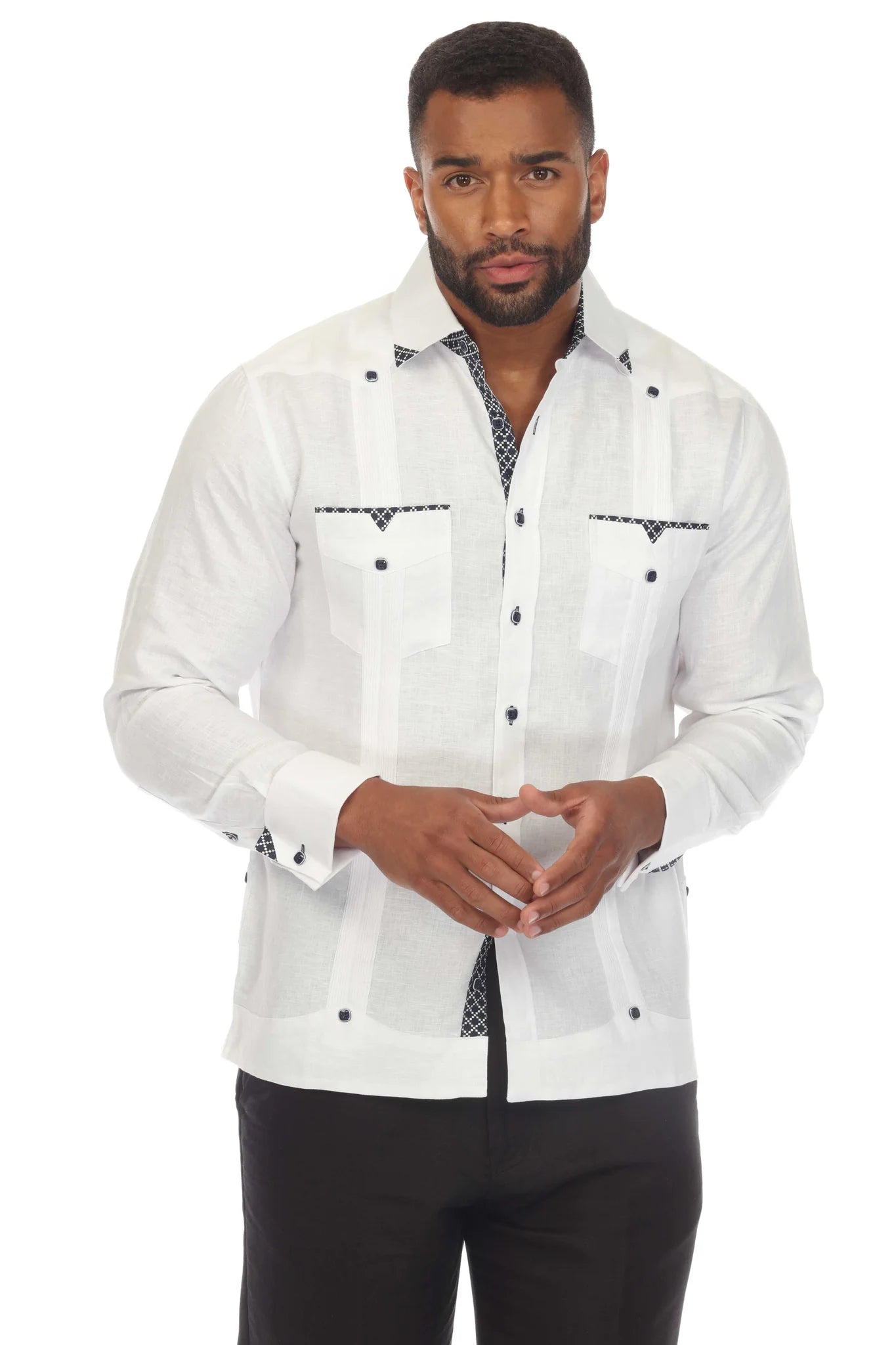 Mojito Men's 100% Linen Guayabera Chacabana Shirt Long Sleeve with Print  Trim Accent M-5407-White-Navy
