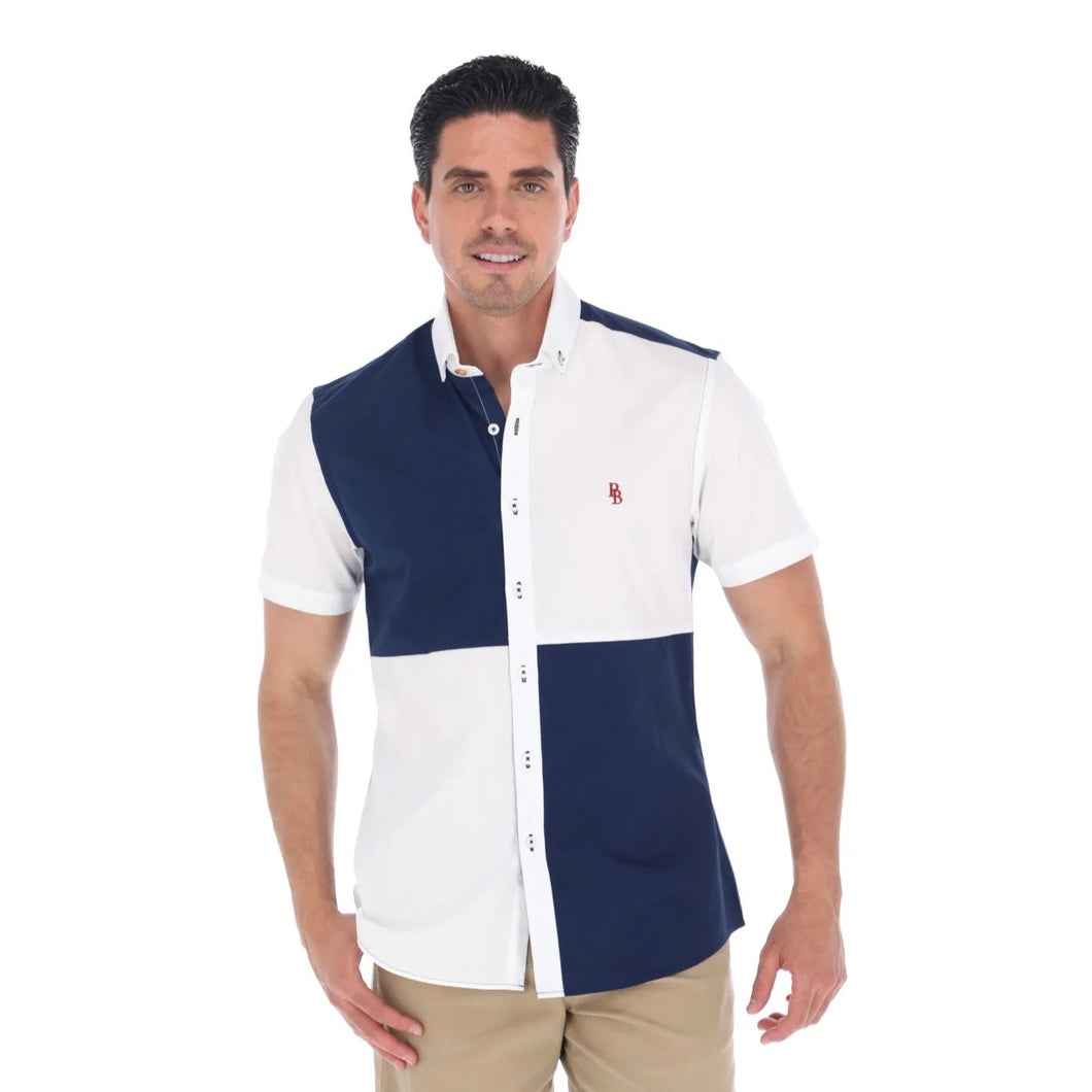 Camisa Casual Bloques Azul y Blanco Manga Corta | MCE-2268