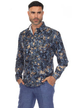 Load image into Gallery viewer, Mojito Men's Stylish Novelty Metallic Print Poly Stretch Party Shirt Long Sleeve | MS-8812-Blue-Gold
