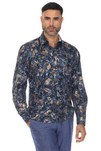 Load image into Gallery viewer, Mojito Men's Stylish Novelty Metallic Print Poly Stretch Party Shirt Long Sleeve | MS-8812-Blue-Gold
