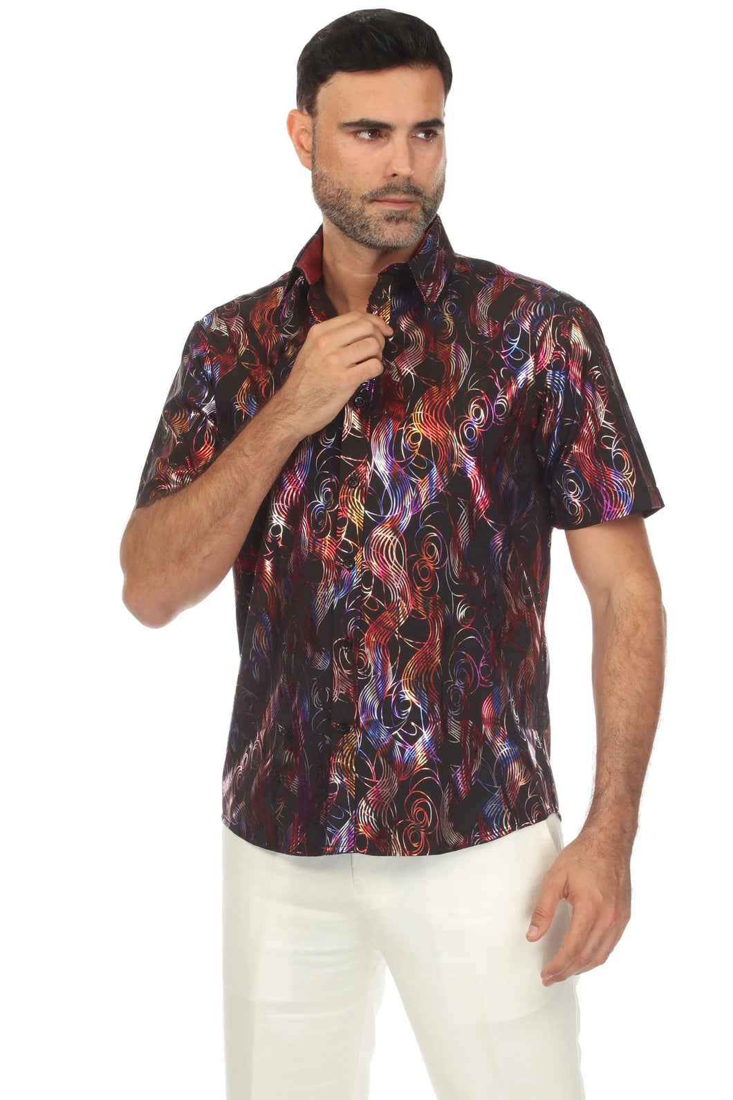 Mojito Men's Stylish Novelty Metallic Print Poly Stretch Party Shirt Short Sleeve | MS-8814-Multi-Black