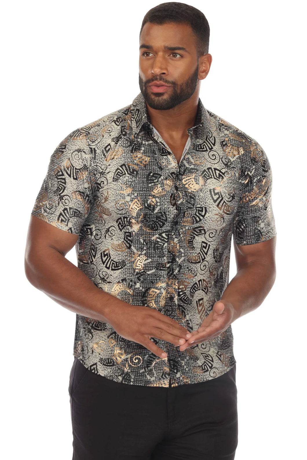 Mojito Men's Stylish Novelty Metallic Print Poly Stretch Party Shirt Short Sleeve | MS-8815-Gray-Gold