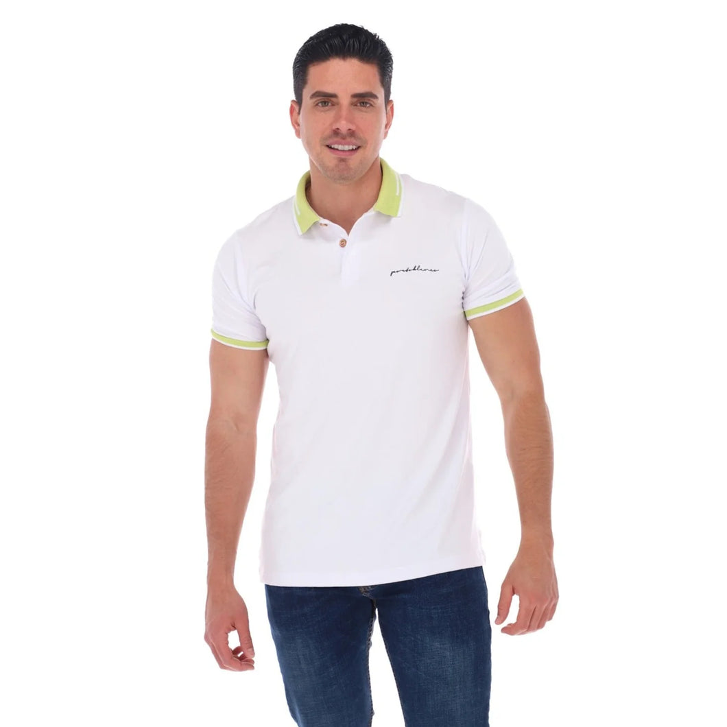 Polo Porto Blanco Para Caballero Color Blanco Con Cuello Verde | PLE-2224