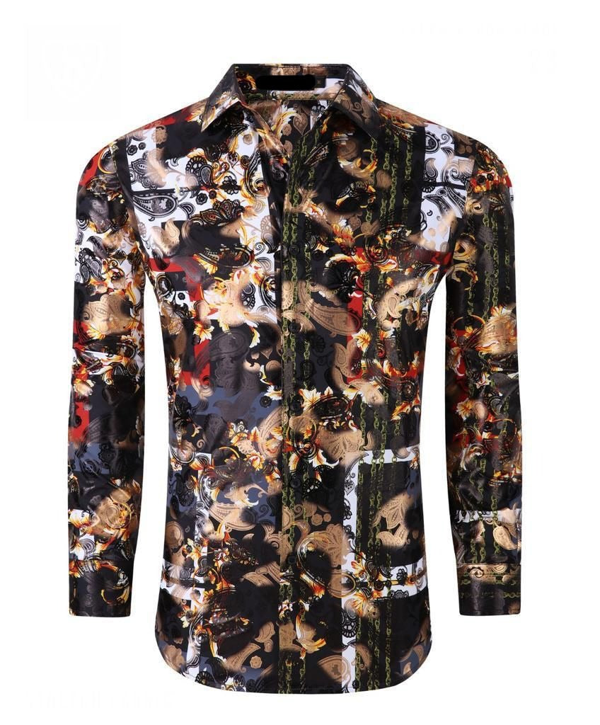 Metallic  Stretch Fabric Long Sleeve Shirt - Black