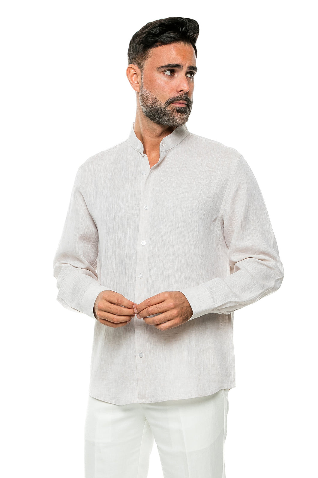 100% Linen Yarn Dye Mens Mandarin Collar Shirt Long Sleeve / M-2527RX-Natural