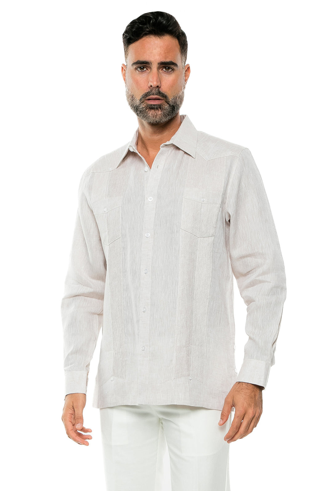 100% Linen Yarn Dye Guayabera Shirt Long Sleeve /  M-2533-Natural