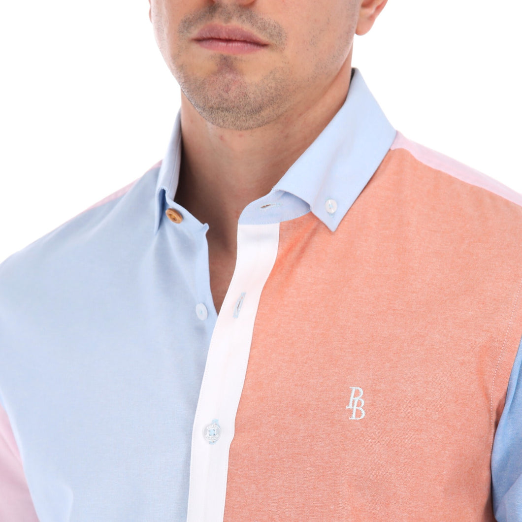 Porto Blanco Solid Long Sleeve Special Edition Button Down Shirt Terracotta, Pink & Blue | E-2034