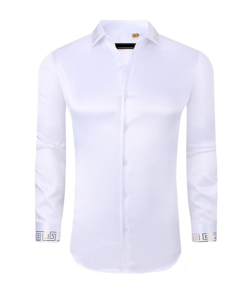 Gold Rhinestone Collar White Sateen Luxury Stretch fabric Long Sleeve Shirt