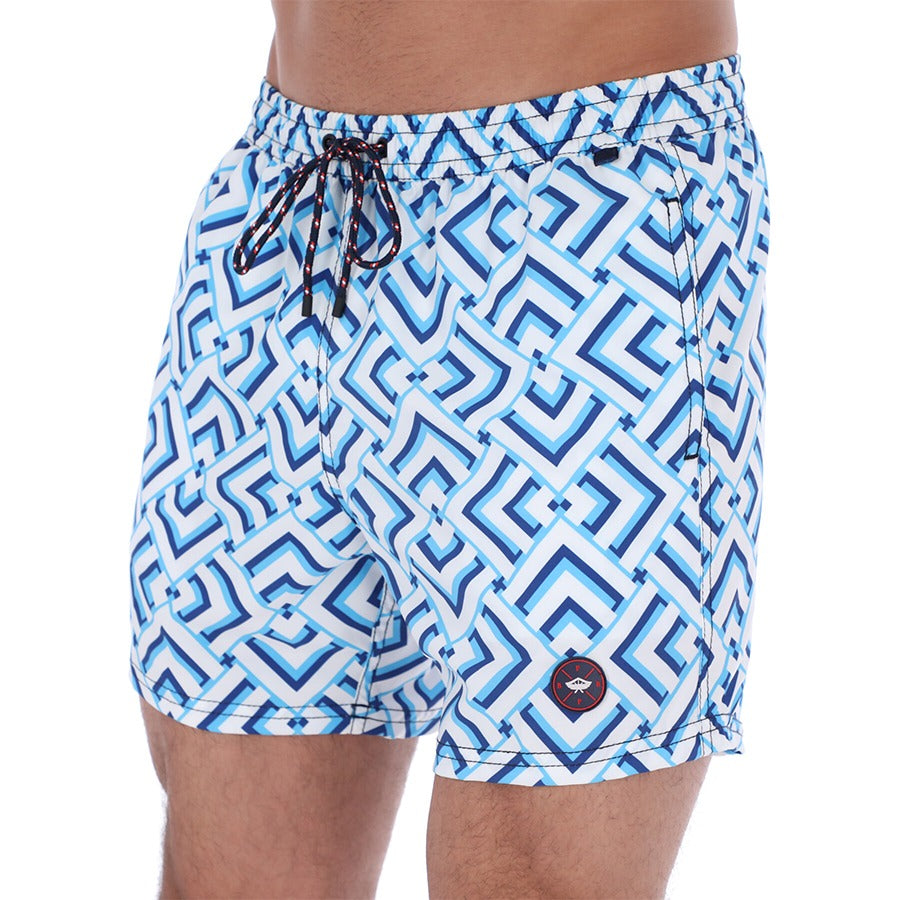 Men's Abstract  Quick Dry Swim Trunks White & Blue | Porto Blanco | Aruba-12