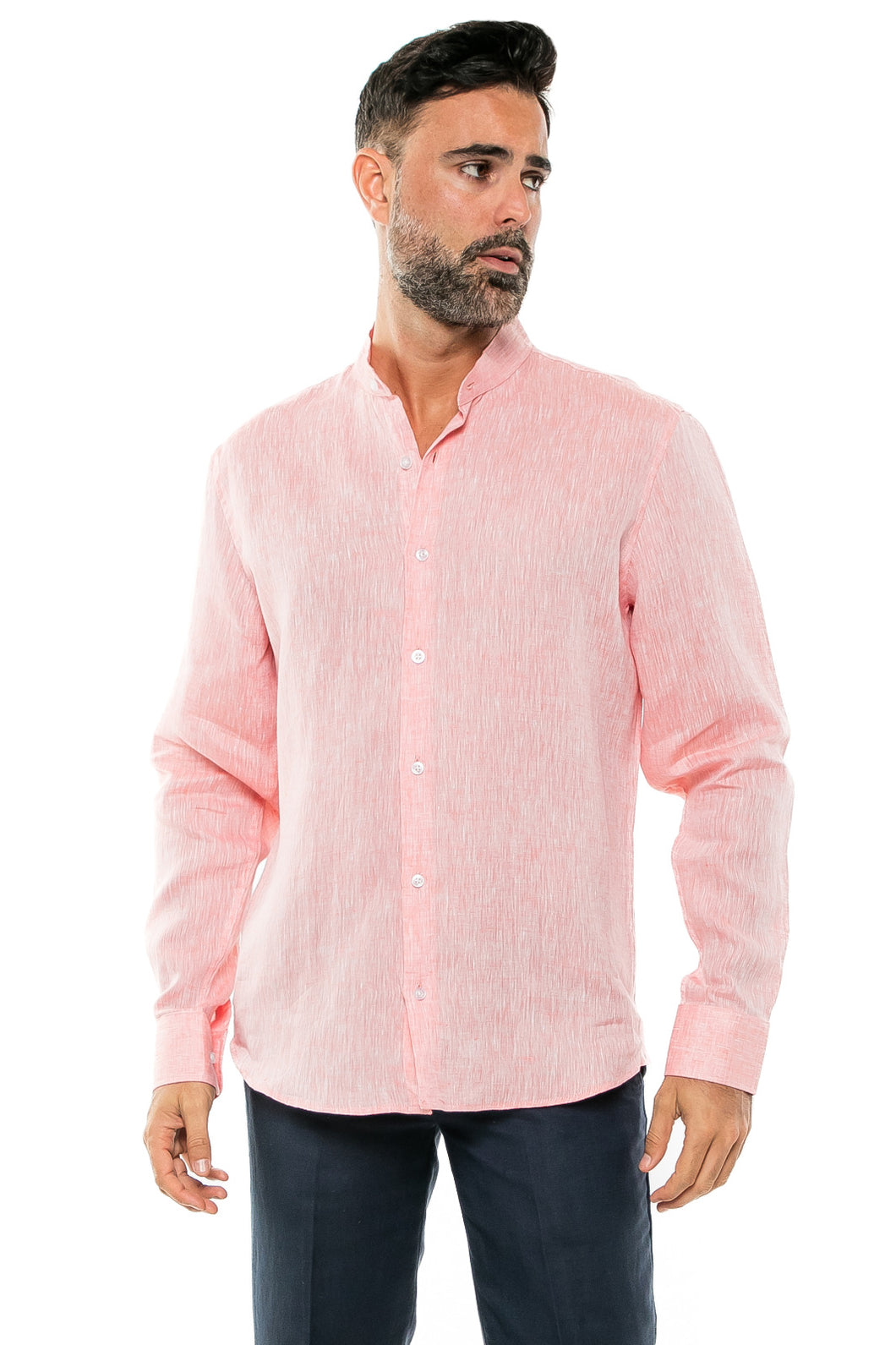 100% Linen Yarn Dye Mens Mandarin Collar Shirt Long Sleeve / M-2527RX-Pink