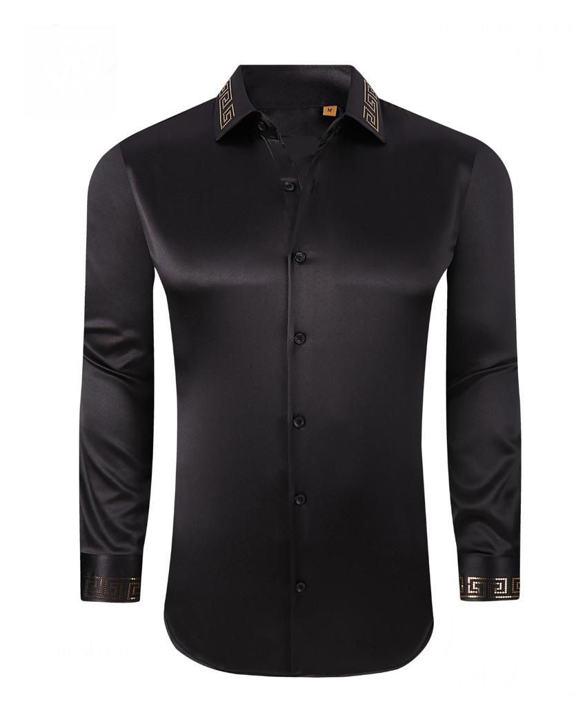 Gold Rhinestone Collar Black Sateen Luxury Stretch fabric Long Sleeve Shirt
