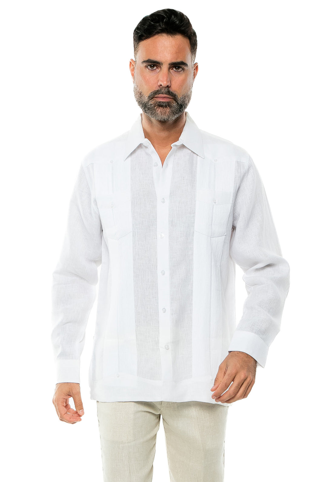 100% Linen Yarn Dye Guayabera Shirt Long Sleeve / M-2533-White