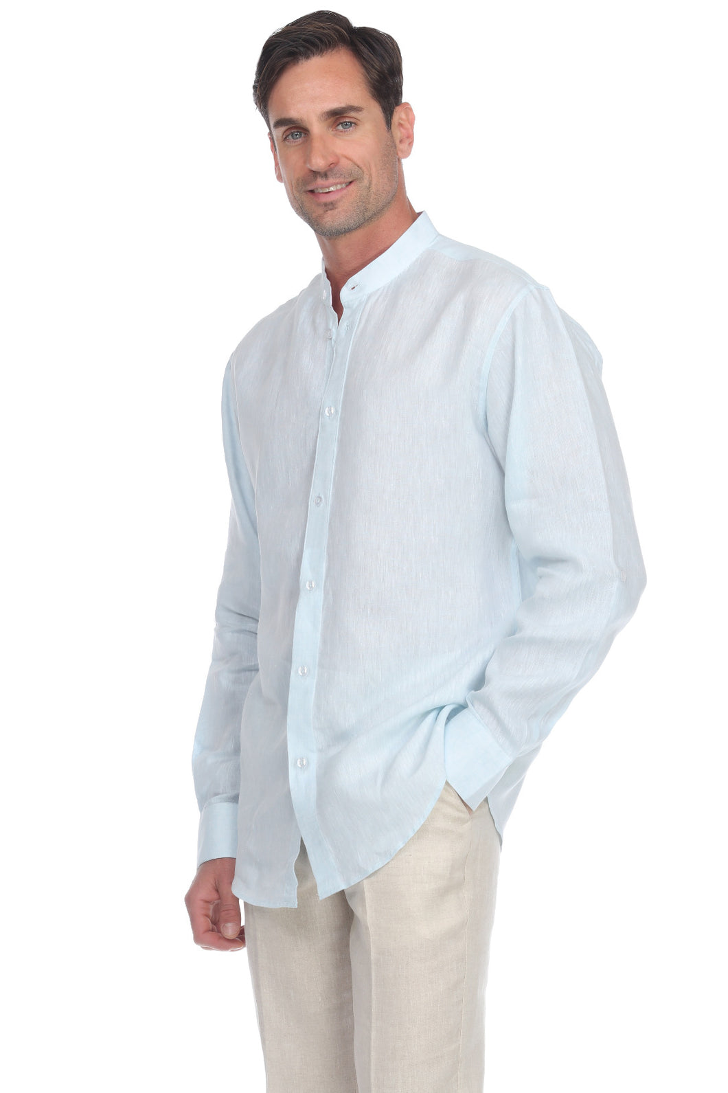 100% Linen Yarn Dye Mens Mandarin Collar Shirt Long Sleeve / M-2527RX-Aqua