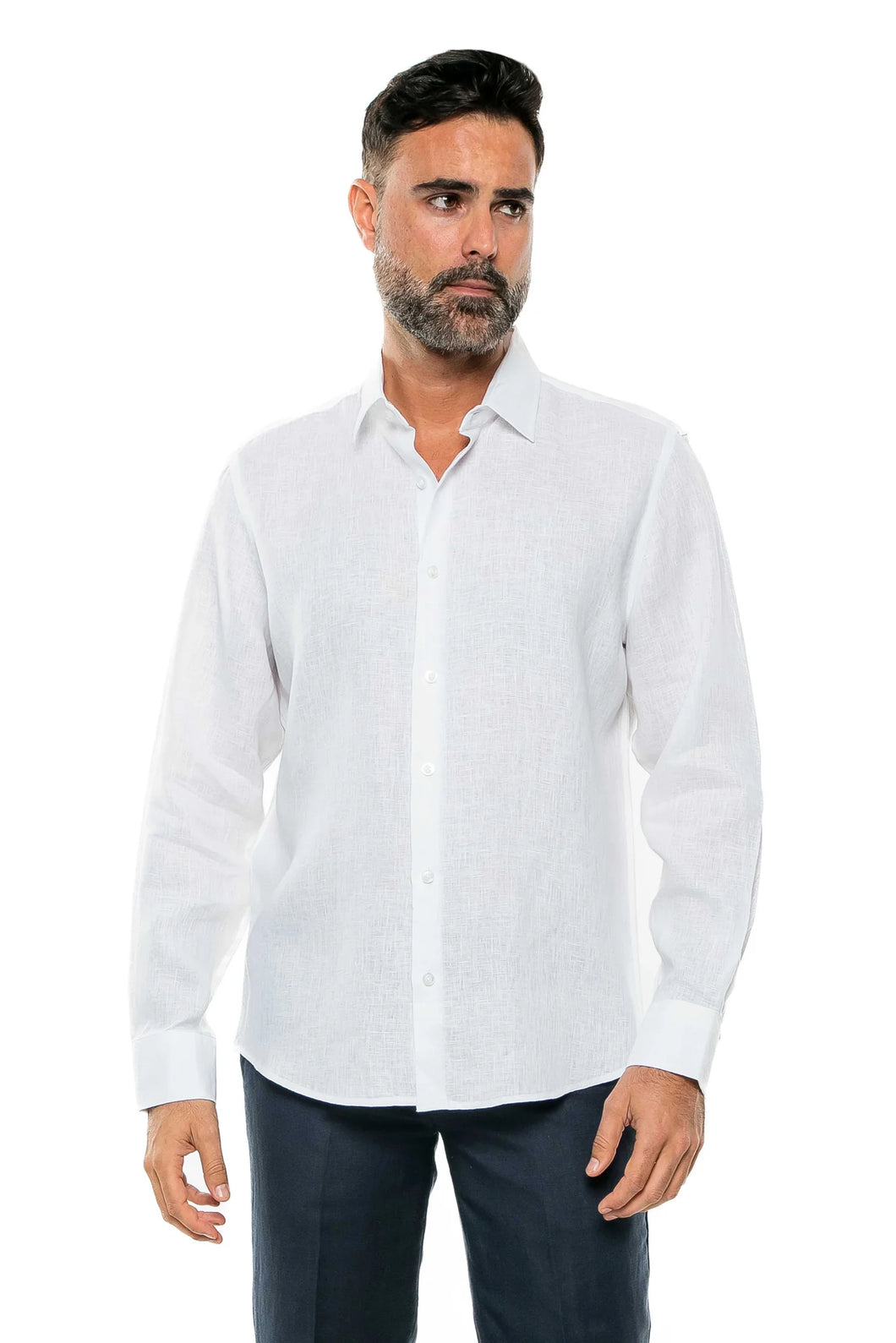 100% Linen Yarn Dye Guayabera Shirt Long Sleeve /  M-2548-Yarndye-White