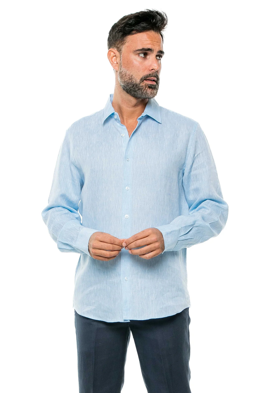 100% Linen Yarn Dye LT-Blue Guayabera Shirt Long Sleeve /  M-2548-Yarndye-LT-Blue