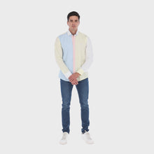 Load and play video in Gallery viewer, Men&#39;s Patchwork Long Sleeve Button Down Shirt Blue Pink &amp; Yellow
