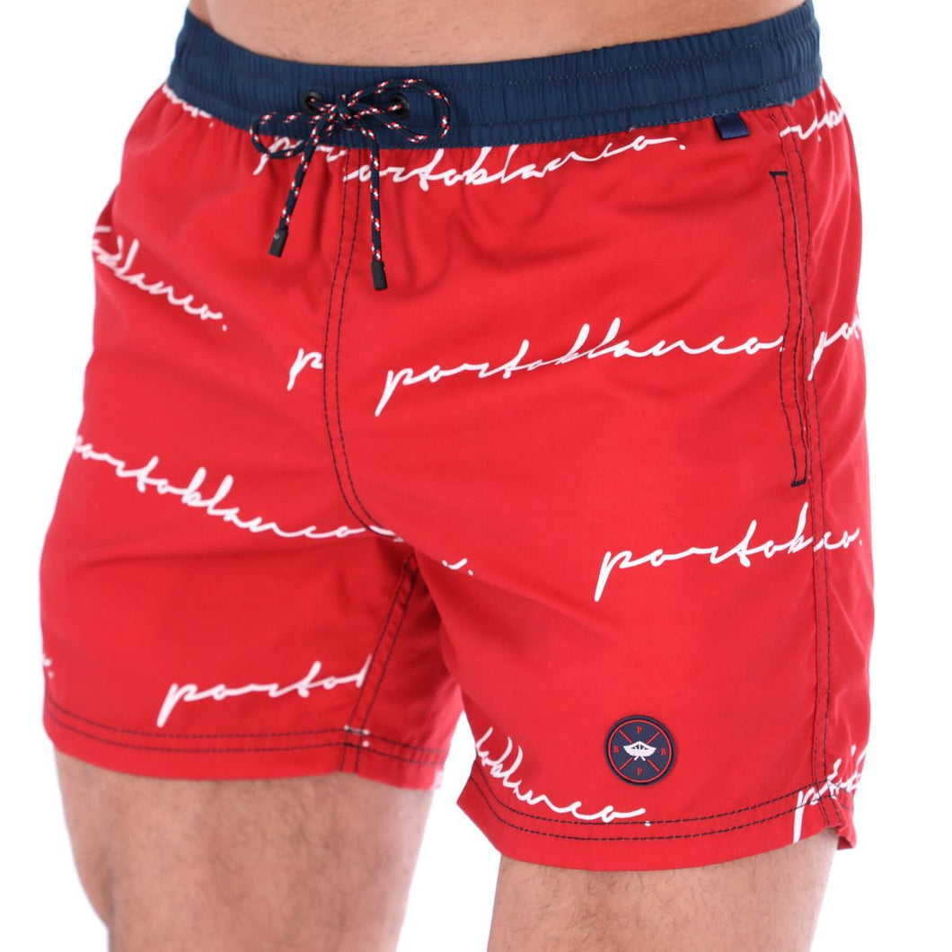 Aruba-11 Men's Print Quick Dry Swim Trunks Blue White & Red