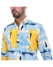 Load image into Gallery viewer, C-1653 Men&#39;s Abstract Long Sleeve Button Down Shirt Blue Yellow &amp; White

