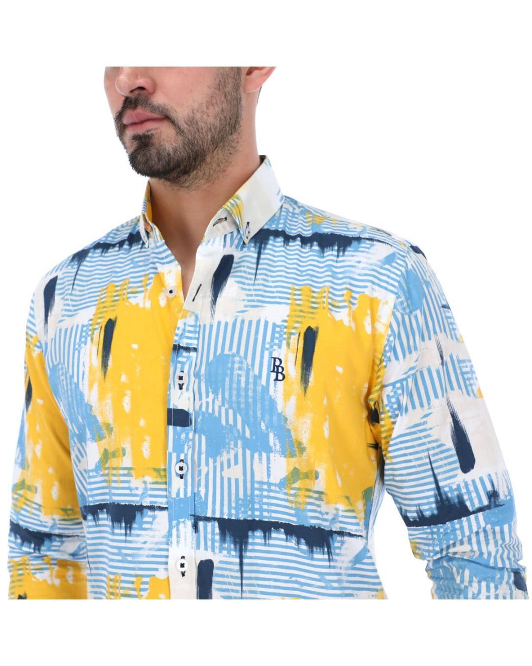 C-1653 Men's Abstract Long Sleeve Button Down Shirt Blue Yellow & White