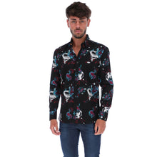 Load image into Gallery viewer, C-1766 Men&#39;s Print Long Sleeve Classic Button Down Shirt Black Blue &amp; Pink
