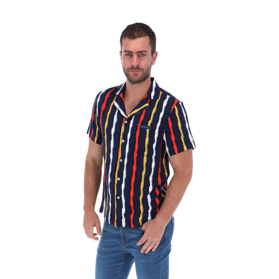 CR-1760 Men's Abstract Short Sleeve Classic Button Down Shirt Blue Red & Yellow| Porto Blanco